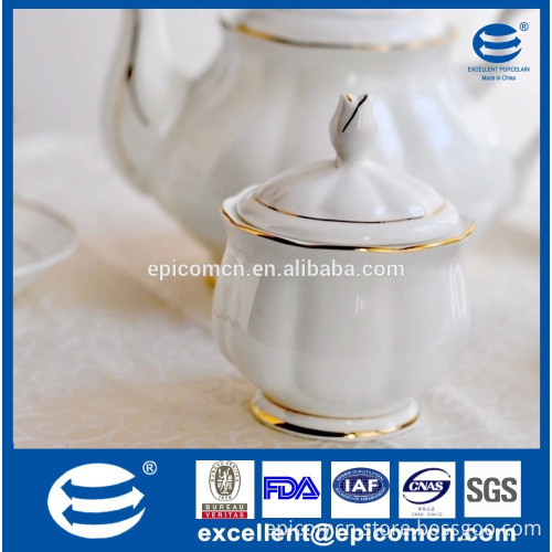 luxury sugar pot for tea set, white ceramic sugar pot with gold rim